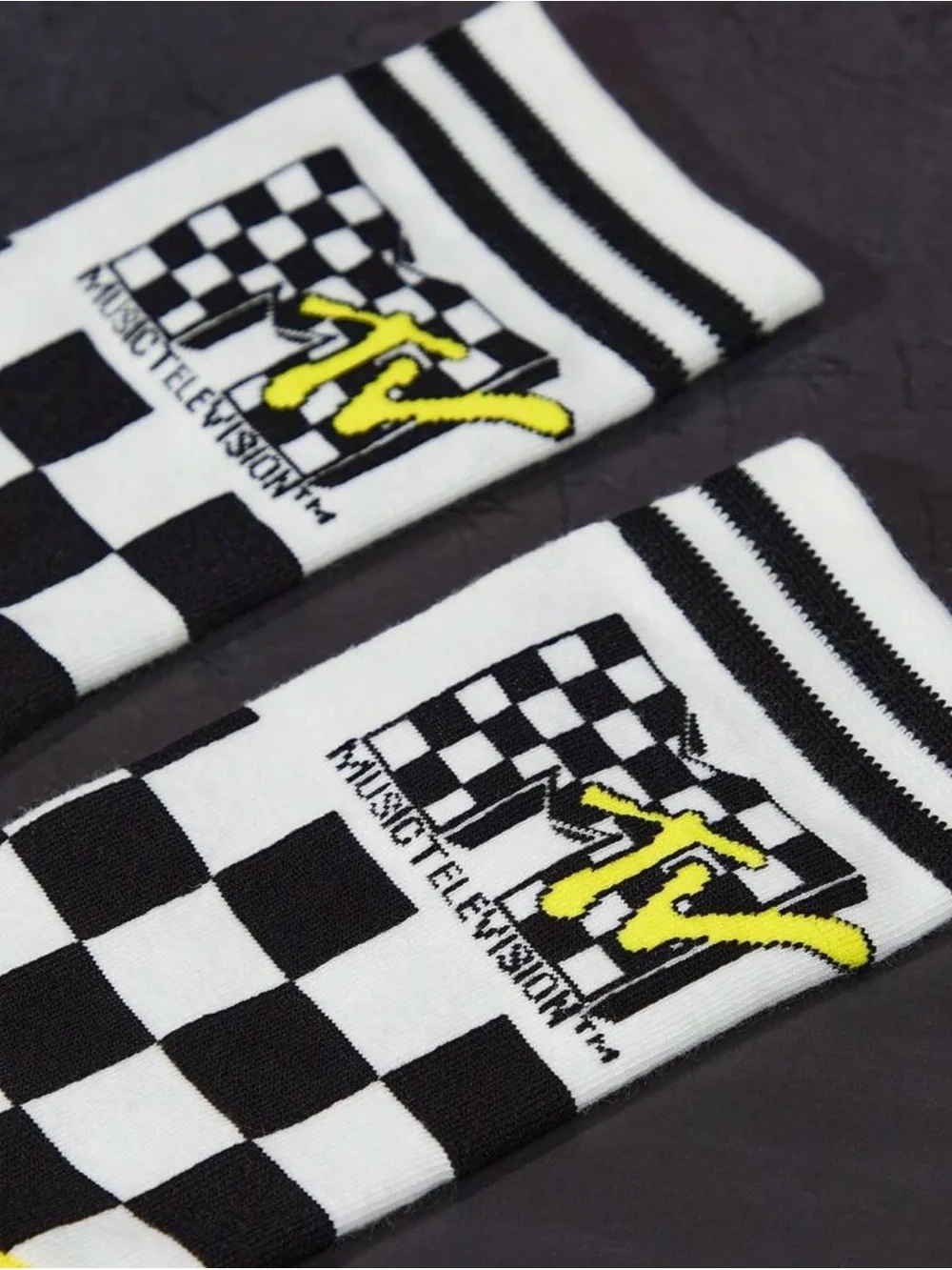MTV Black, White & Yellow Checkerboard Crew Socks